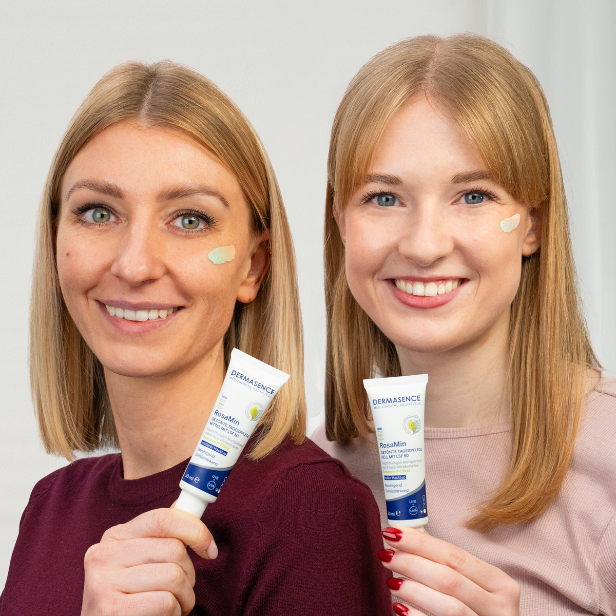 Zwei Frauen halten die RosaMin Getönten Tagespflegen hell und mittel neben ihr Gesicht