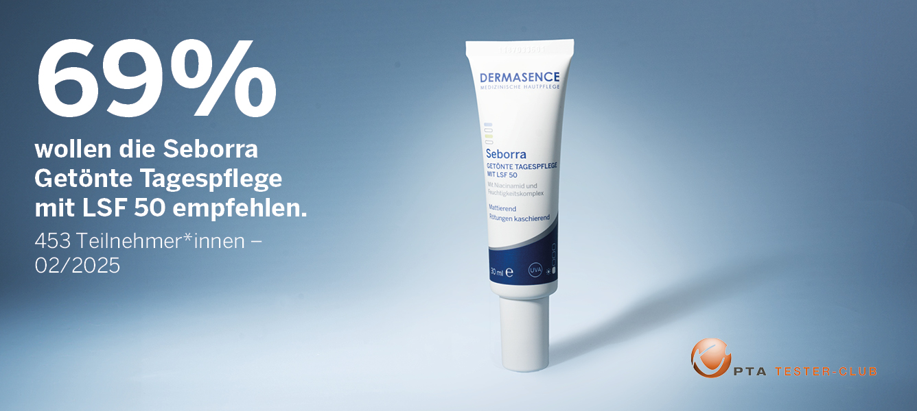 Seborra Getönte Tagespflege mit LSF 50, daneben Testergebnis und Logo