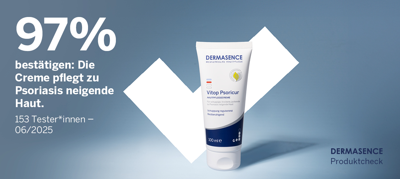 Vitop Psoricur Akutpflegecreme mit Testergebniss und Produktcheck-Logo