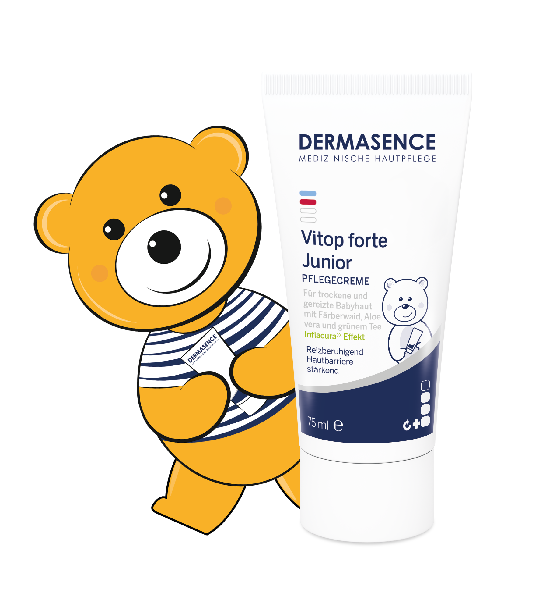 Vitop forte Junior Pflegecreme ist ideal bei Windeldermatitis und gereizter Babyhaut DERMASENCE Vitop forte Junior mit Topi-Bär