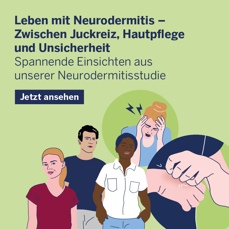 Illustration von Menschen mit Neurodermitis. Text: Neurodermitisstudie – Jetzt ansehen