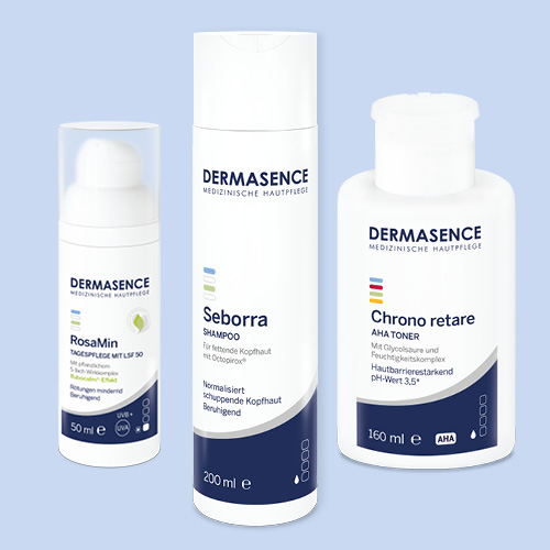 Sinas Lieblingsprodukte vor blauem Hintergrund