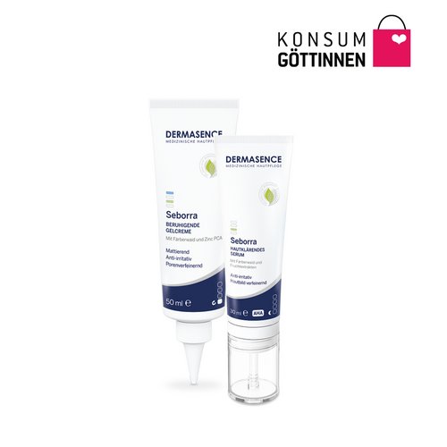 DERMASENCE Seborra Produkte mit Konsumgöttinnen-Logo