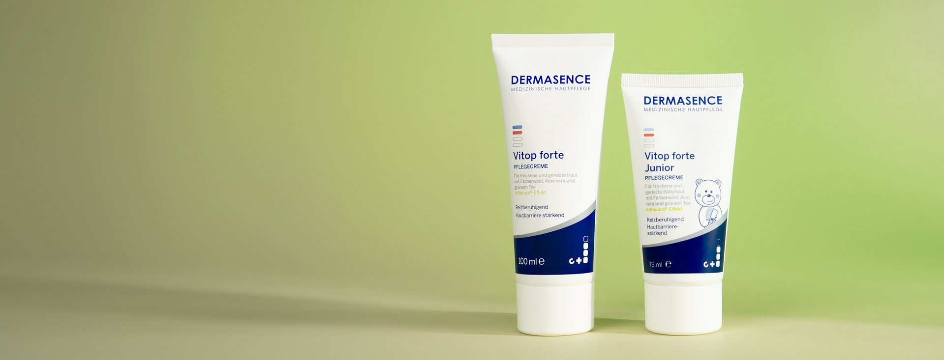 2 DERMASENCE Vitop forte Produkte vor grünem Hintergrund