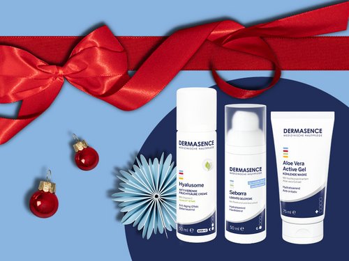 DERMASENCE Produkte vor weihnachtlicher Kulisse 
