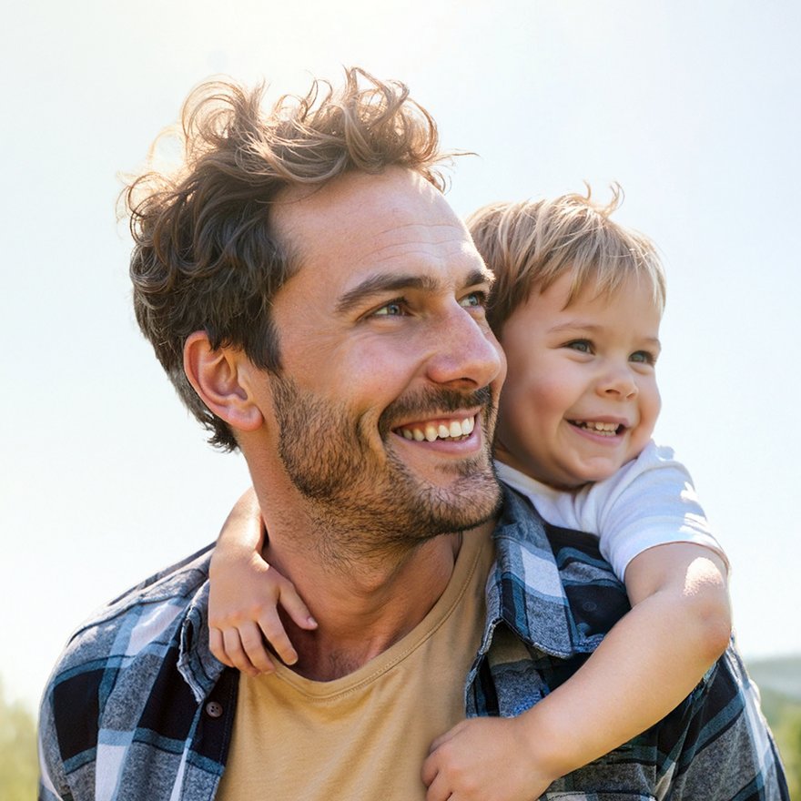 Sonnige Szene, Vater trägt seinen Sohn auf den Schultern