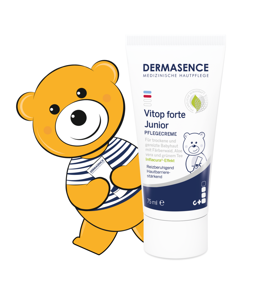 Für gereizte und trockene Babyhaut Produktbild DERMASENCE Vitop forte Junior mit Topi Bär
