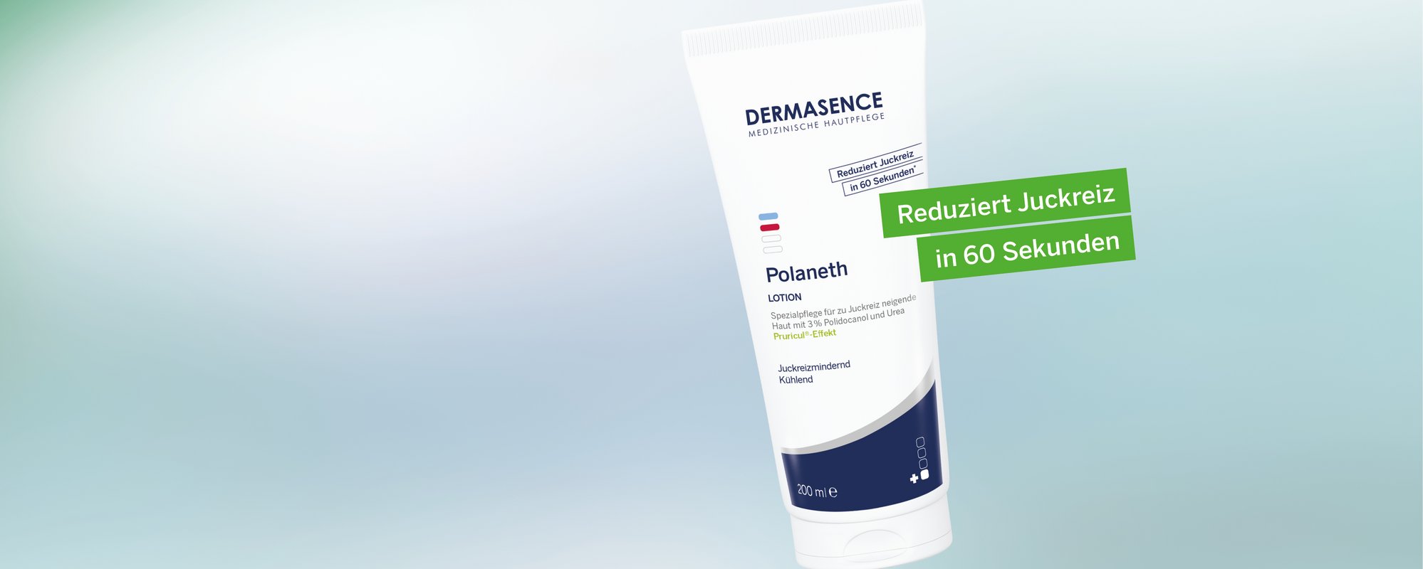 DERMASENCE Polaneth Lotion vor blau-türkisem Hintergrund