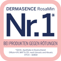 Siegel mit Text „DERMASENCE RosaMin – Nr 1 bei Produkten gegen Rötungen“