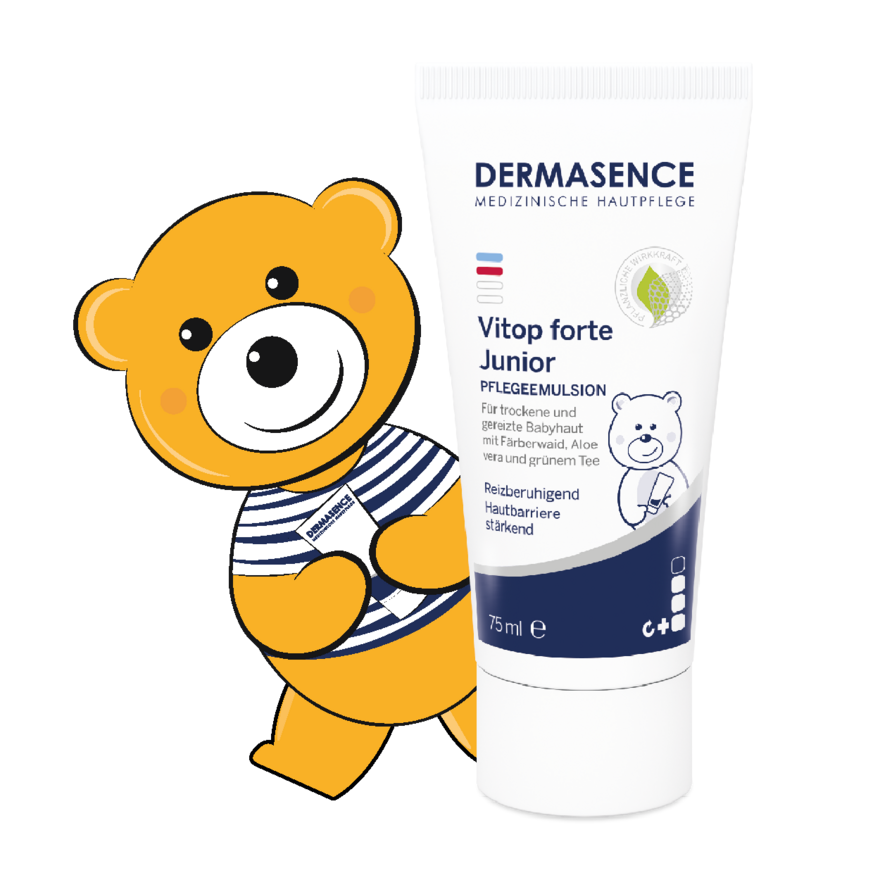 Vitop forte Junior Pflegecreme ist ideal bei Windeldermatitis und gereizter Babyhaut DERMASENCE Vitop forte Junior mit Topi-Bär