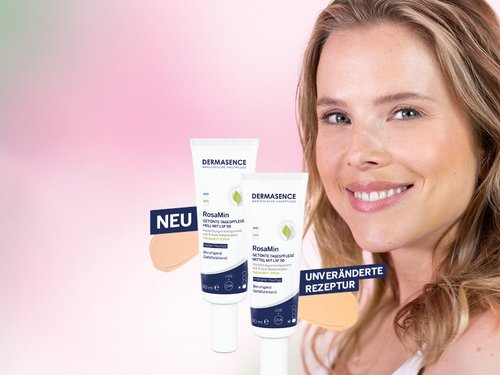 Die neuen RosaMin-Produkte mit lächelnder Frau im Hintergrund