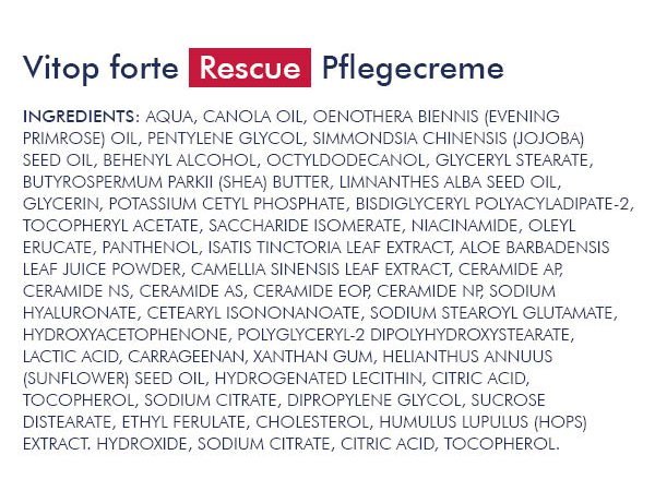 INCI Liste der DERMASENCE Vitop forte Rescue Pflegecreme